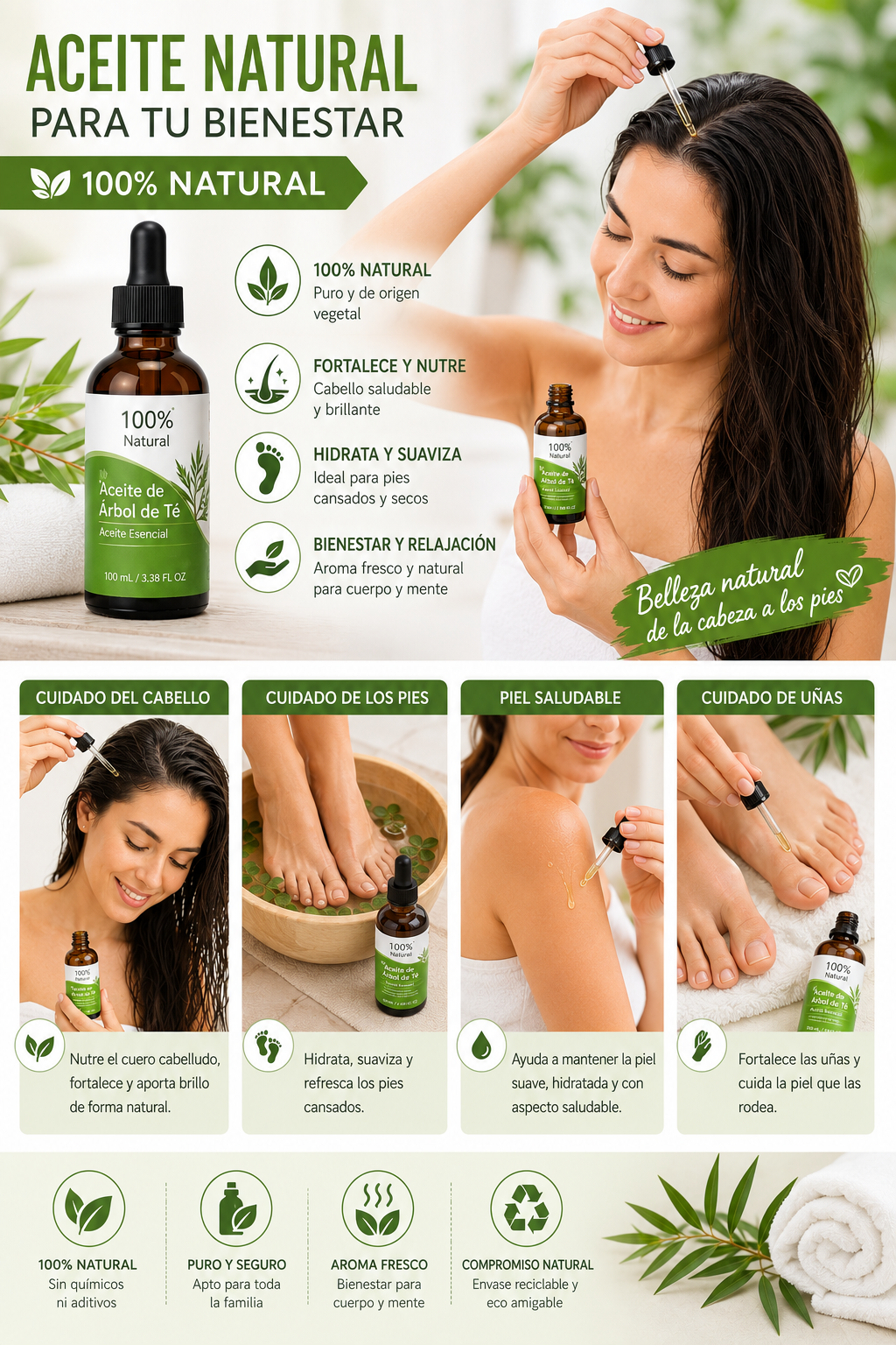 Aceite De Árbol De Té 100% Natural,100 ML Aceite Esenciale-Aceite De Acné,Tea Tree Oil Puro, Perfumado,Tratamiento Antiacné Contra La Piel Y Cara Con Imperfecciones.